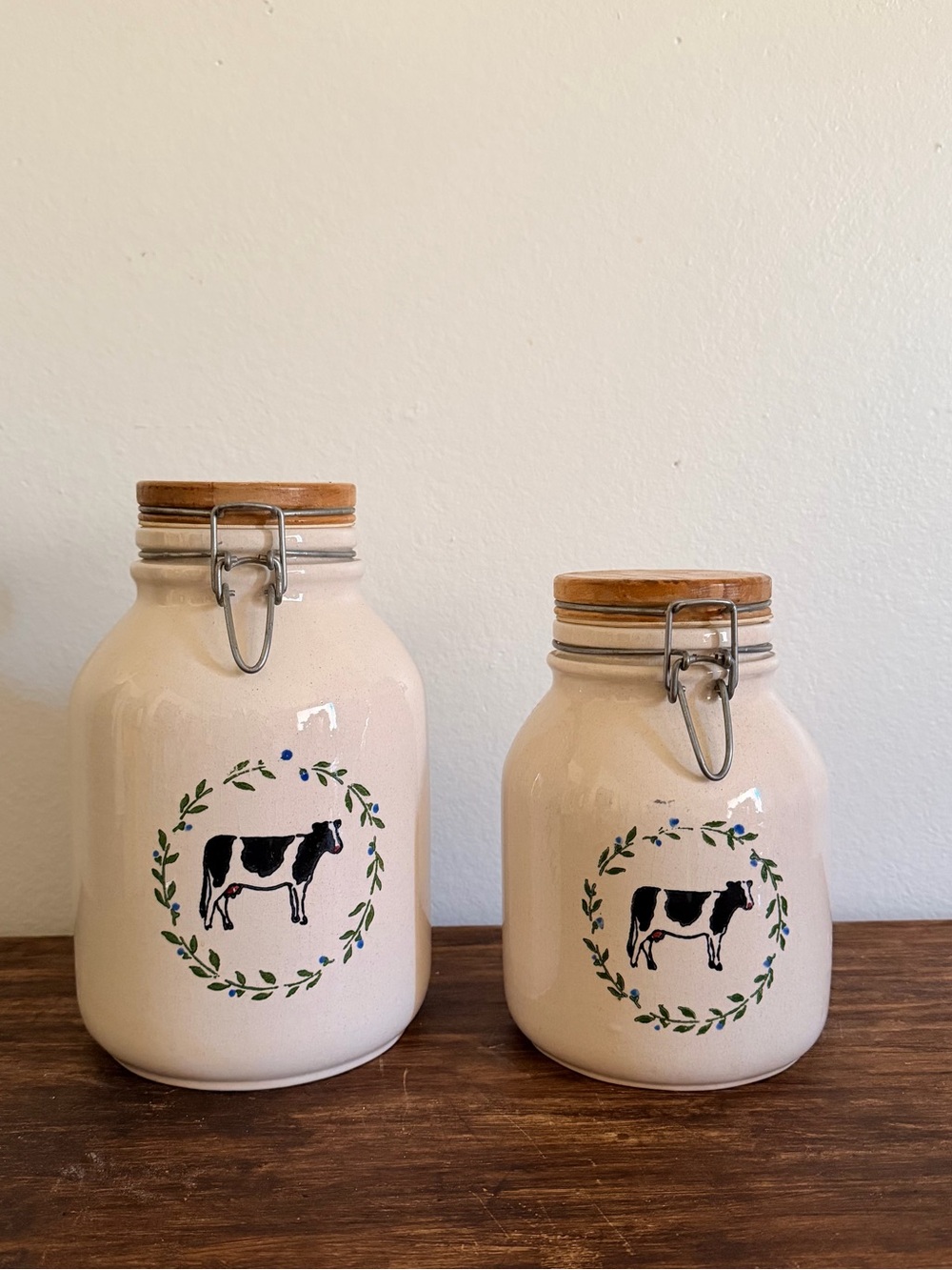 Vintage Cream Ceramic Cow Canisters with Wood Lids